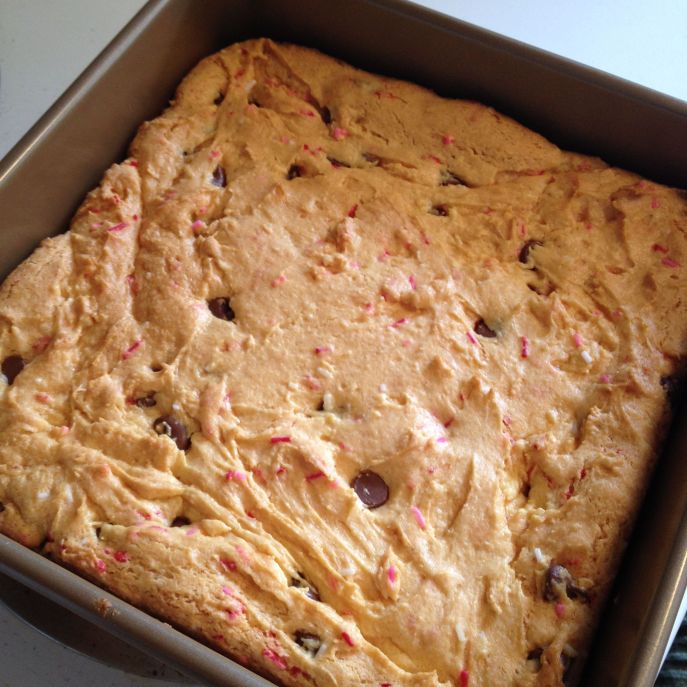 Finished blondies rest in a pan. 